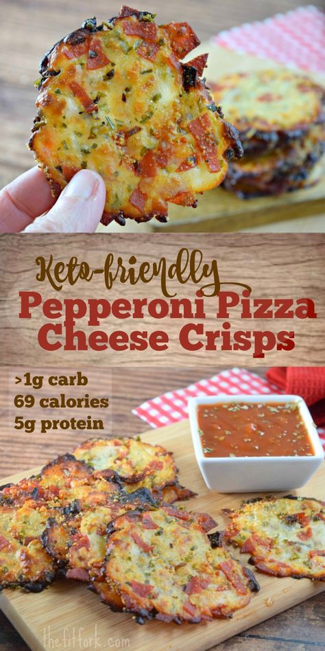 Pepperoni Pizza Cheese Crisps | Keto & Low Carb | thefitfork.com Cheese Crisps Keto, Pizza Cheese, Cheese Crisps, Keto Recipes Dinner, Diet Vegetarian, Keto Diet Meal Plan, Low Carb Snacks, Idee Pasto Sano, Diet Keto