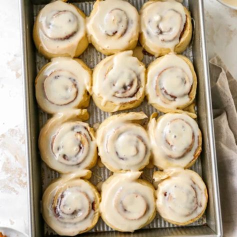 Make cinnamon rolls from scratch with this easy recipe that’s perfect for beginners! They’re soft, gooey, and made with bread flour, which gives them the perfect fluffy texture. Overnight instructions included. Food Cinnamon Rolls, Whole Wheat Cinnamon Rolls, Wheat Cinnamon Rolls, Sour Cream Icing, Healthy Cream Cheese Frosting, Healthy Cream Cheese, Cinnamon Rolls From Scratch, Fluffy Cinnamon Rolls, Eating Bird Food