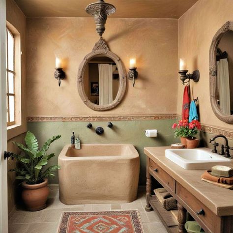 20 Mexican Bathroom Ideas To Add Color and Culture Mexican Interior Design Bathroom, Mexican Theme Bathroom, Small Spanish Bathroom, Santa Fe Style Bathroom, Spanish Bathroom Tile, Mexican Bathroom Decor, Saltillo Tile Bathroom, Adobe Bathroom, Talavera Tiles Bathroom