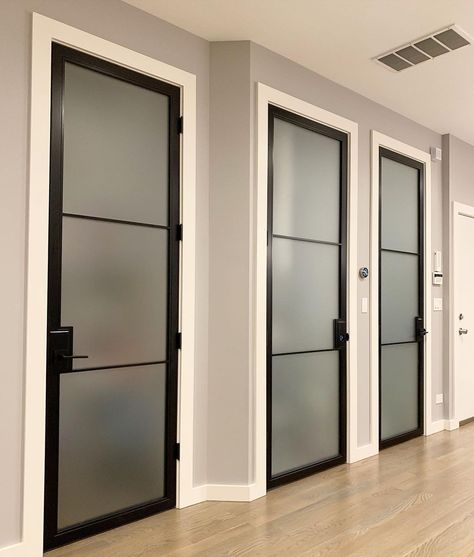 Black Frosted Glass Interior Doors, Translucent Glass Door, Indoor Doors Modern Luxury, Frosted Office Doors, Indoor Glass Doors Modern, Frosted Glass Office Doors, Salon Suite Door, Office Doors For Home, Toilet Door Ideas