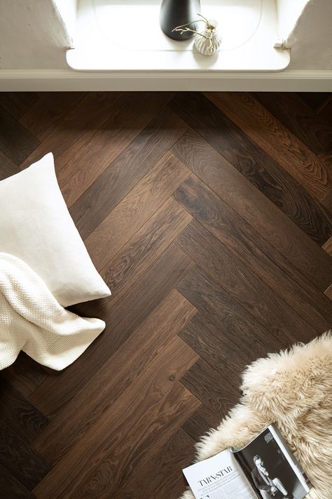 Smoked Oak Herringbone, Cabin rustic elegance Dark Wood Floors Living Room, Dark Oak Flooring, Wood Floor Design, Wood Parquet Flooring, Herringbone Wood Floor, Herringbone Wood, Engineered Wood Flooring, Real Wood Floors, Herringbone Floor