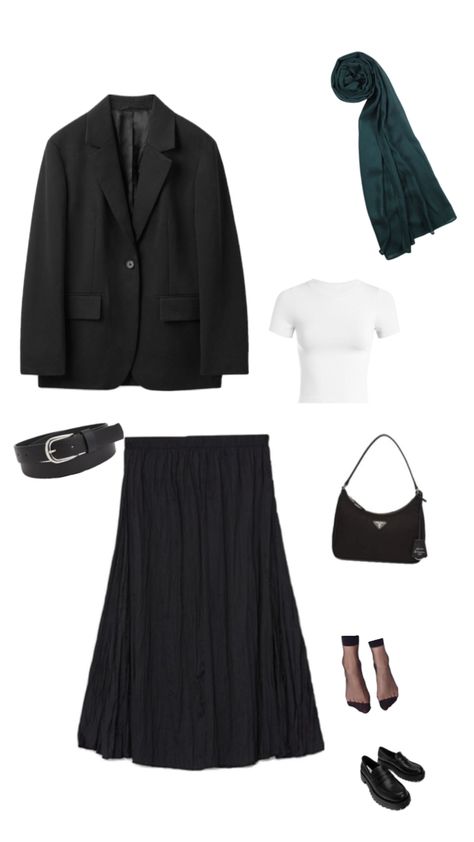 black blazer, black long skirt, black loafer, black belt, white tshirt, emerald green hijab, hijabi outfit Emerald Green Outfit, Hijabi Summer Outfits, Green Hijab, Black Long Skirt, Capsule Wardrobe Checklist, Hijabi Outfit, Outfit Hijab, Hijab Fashion Inspiration, Black Loafers