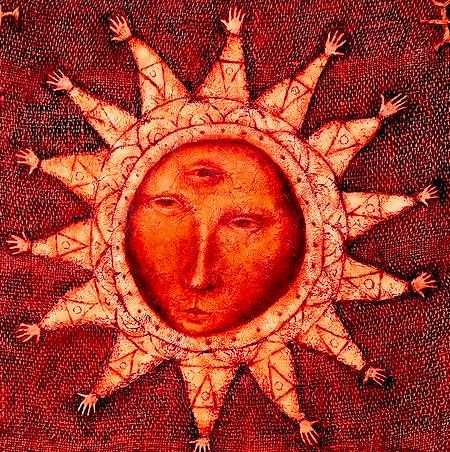 Sun Personified, Sun God Painting, Sun With Face Art, Ancient Sun Art, Trippy Sun Art, Circular Art, Sun God, Surrealism Art, Esoteric Art