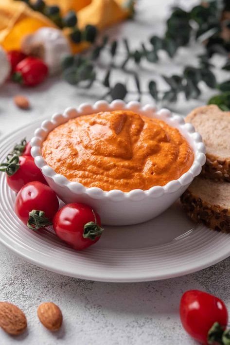 Roasted Red Pepper Sauce Dip is thick and creamy and just right for dipping in your favorite veggies. A roasted red bell pepper classic turned into an appetizer dip for all your entertaining days. #appetizer #dip #vegan #veganappetizer #dairyfree #glutenfree Red Pepper Dip Recipe, Roasted Red Bell Pepper, Cauliflower Dip, Dip Vegan, Red Pepper Dip, Pepper Dip, Roasted Red Pepper Sauce, Stuffed Pepper Dip, Red Pepper Sauce