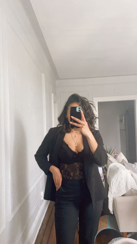 Lace blazer black outfit date night valentines days Lace Body Suit With Blazer, Bodysuit Midsize Outfit, Laced Outfits Bodysuit, Body Suit And Blazer Outfit, Black Lace Top Outfit Night, Blazer And Jeans Outfit Women Night Out, Black Lace Bodysuit Outfit Night, Black Bodysuit Outfit Night, Lace Body Suit Outfits Night Out