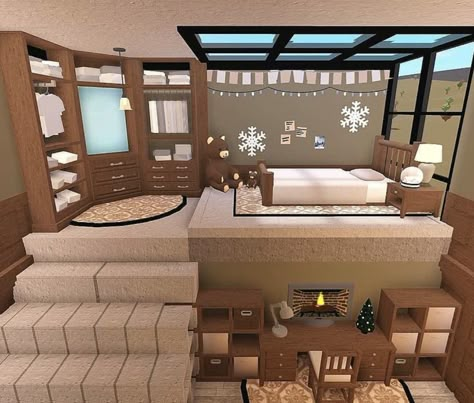 Bloxburg Club House Ideas, Cute Ideas For Bloxburg Houses, Blocksburg Interior Ideas, Bloxburg Room Designs, Bloxblug House Layout, Loft Bedroom Bloxburg, Club Roblox House Ideas Aesthetic Bedroom, Bloxburg House Ideas Green, Big Bedroom Bloxburg