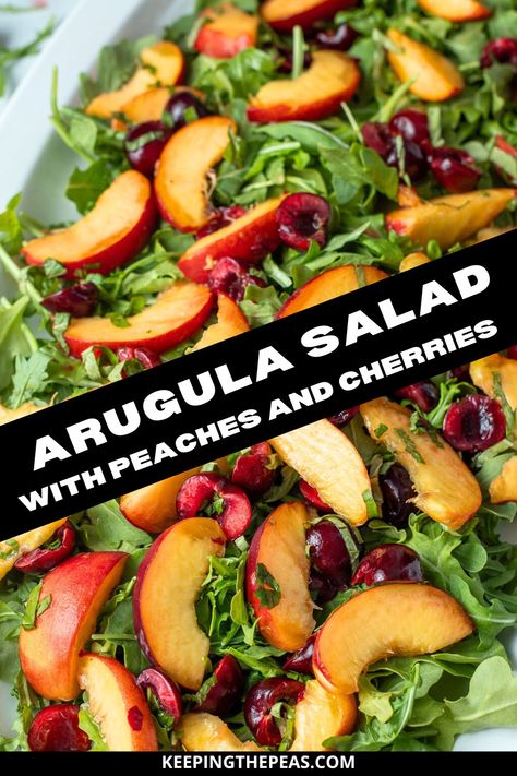 Arugula Peach Salad: Spicy arugula is paired with sweet and juicy peaches and cherries in a citrus vinaigrette for a gorgeous and refreshing summer salad Watermelon Basil Salad, Peaches And Cherries, Salad With Peaches, Filling Salads, Cherries Salad, Vegan Coleslaw, Citrus Vinaigrette, Mozzarella Salad, Peach Salad