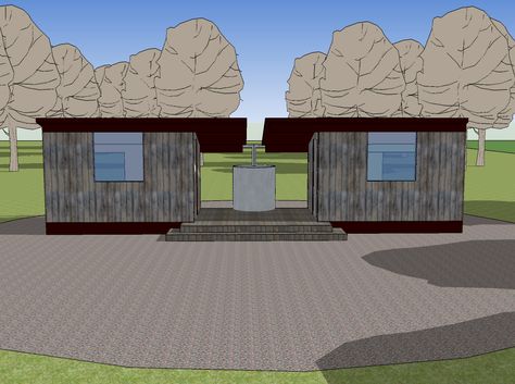 After all the great feedback from my Two Sustainable Sheds post another variation began to develop in my mind based on a dogtrot house; which is two small houses connected by a breezeway under a co… Dogtrot House, Dog Trot House, Living In A Shed, Water Collection System, Living Arrangements, Passive Solar Heating, Shipping Container Cabin, Container Cabin, Small Sheds