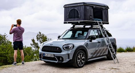 MINI Launches New Accessories For The Cooper S Countryman ALL4 | Carscoops Mini Countryman Accessories, Mini Adventures, Rear Bike Rack, Mini Cooper Countryman, Cooper Countryman, Roof Tent, Off Road Tires, Car Goals, Mini Countryman