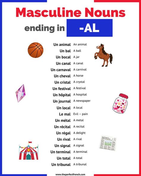 In French, nouns are either masculine or feminine. While it’s always better to study French vocabulary with the right gender, some endings are specific to masculine or feminine, with a couple of exceptions. In this article, we are looking at French masculine nouns ending in AL. Don’t forget to use the audio to get the pronunciation right and to download your free PDF at the bottom of the page. French Nouns, French Pronunciation, French Basics, Study French, Learning Languages Tips, French Teaching Resources, Speak French, French Learning, French Phrases