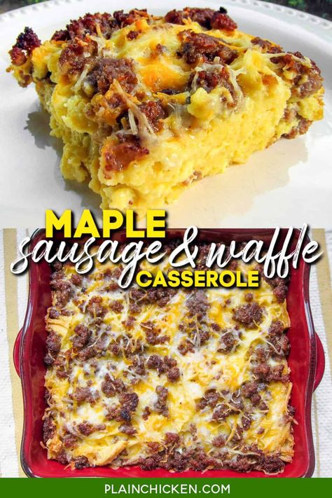 Maple Sausage and Waffle Casserole Recipe - waffles, sausage, cheese, eggs, milk and maple syrup. Can make the night before and refrigerate overnight - smelled amazing while it baked - tasted even better!! #breakfast #waffles #eggos #casserole Recipes With Maple Sausage, Waffle Casserole, Maple Sausage, Breakfast Sausage Recipes, Better Breakfast, Breakfast Casserole Easy, Plain Chicken, Breakfast Waffles, Breakfast Casserole Sausage