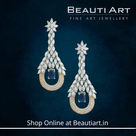 RHODIUM PLATED LONG EARRINGS WITH CZ STONE - BLUE (BAER0205)  Styling Idea:   These blue earrings is studded with sparkling CZ stone and plated with Rhodium.  Can be worn with blue or white gown or designer saree.  These earrings comes with BeautiArt’s assurance of quality and durability.  #beautiartjewellery #designercollection #uniqueearrings #antiquejewellery⠀⠀⠀⠀⠀⠀ ⠀⠀⠀⠀⠀⠀ Caution: "Cheap imitation jewelry are also available in market which look good online and bad when they arrive.” Diamond Earrings Long Western, Diamond Earrings Long, Ruby Diamond Necklace, Ear Tops, Diamond Bracelet Design, Modern Gold Jewelry, Jewellery Design Sketches, Jewelry Designing, Bridal Diamond Jewellery