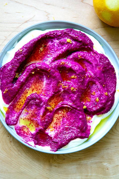 This beet dip is irresistible, and the best part? No need to cook the beets! Simply purée with seasonings, and you're done. #beets #raw #dip #glutenfree #vegetarian Dip With Greek Yogurt, Labneh Dip, Beet Dip, Raw Beets, Veggie Snacks, Pomegranate Molasses, Raw Foods, Spicy Food, Toasted Almonds