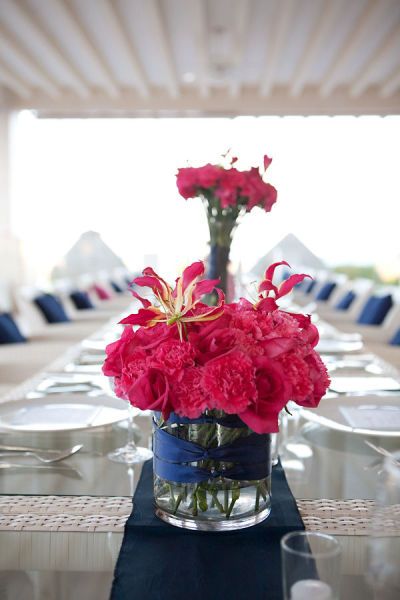 RECEPTION-CENTER PIECES. Pink and Navy Centerpieces Navy Centerpieces, Fuchsia Wedding, Hot Pink Weddings, Great Gatsby Party, Pink Table, Navy Blue Wedding, Navy Wedding, Long Table, Mexico Wedding