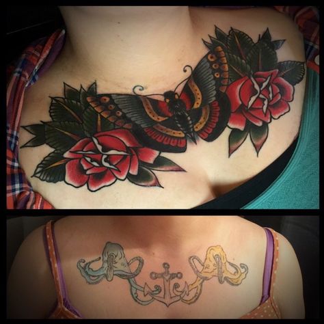 Completed cover-up done by Antonio Roque BLTC Frederick, MD Cover Up Chest Tattoos Women, Chest Piece Cover Up Tattoo, Chest Cover Up Tattoo Female, Chest Tattoo Cover Up, Best Cover Up Tattoos, Cool Chest Tattoos, Pieces Tattoo, Tattoo Cover Up, Chest Tattoos For Women