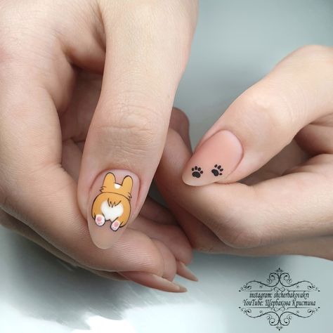 Nail Art Designs Corgi, Cute Dog Nail Art, Dog Themed Nails Art Ideas, Dog Nails Art, Nails Dog Design, Corgi Nails, Puppy Nails Designs, Cute Animal Nails, Dog Nails Design