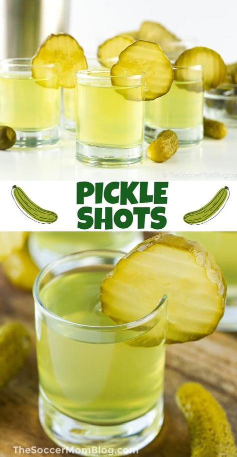 These Dill Pickle Shots are made with pickle brine, which takes the bite out of vodka for a surprisingly smooth drink! Pickle Tequila Slushy, Pickled Vodka Recipes, Shots With Vodka Recipes, Pickle Jello Shots Recipe, Dill Pickle Shots Recipe, Pickle Vodka Recipes, Pickle Michelada Recipe, Dill Pickle Moonshine Recipe, Spicy Pickle Shots Recipe