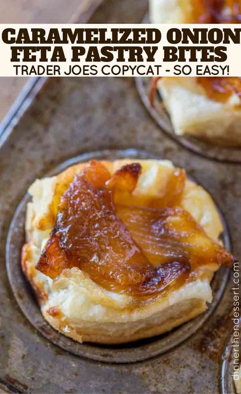 Caramelized Onion Feta Pastry Bites (Copycat) - Dinner, then Dessert Carmelized Onion Puff Pastry Appetizers, Puff Pastry Bites Savory, Carmalized Onion And Goat Cheese Puff Pastry, Carmelized Onion Feta Puff Pastry, Carmelized Onion And Goat Cheese Bites, Puff Pastry With Feta Cheese, Feta Puff Pastry Appetizers, Puff Pastry Feta Cheese, French Onion Puff Pastry Bites