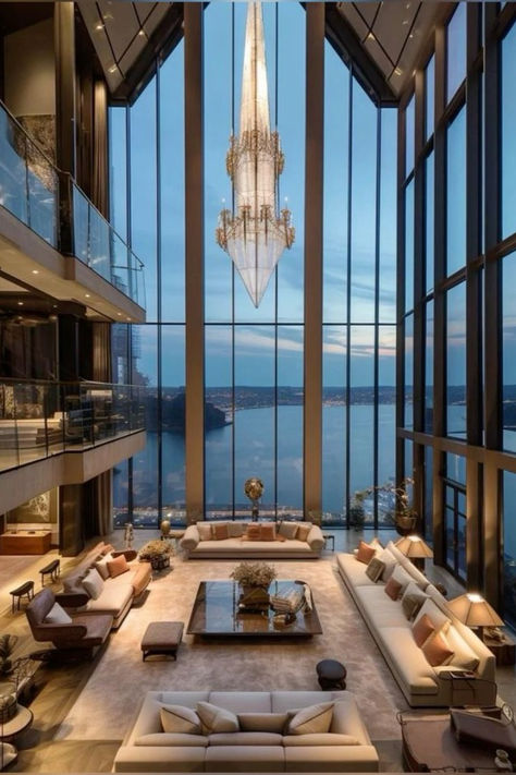 A serene lounge featuring expansive windows with stunning mountain views, elegant furnishings, and a striking chandelier. Beautiful Large Homes, Dubai Penthouse, Bedroom Layouts For Small Rooms, Royal Bedroom Design, Beautiful Bed Designs, San Myshuno, Luxury Mansions Interior, Dream Mansion, Luxury Penthouse