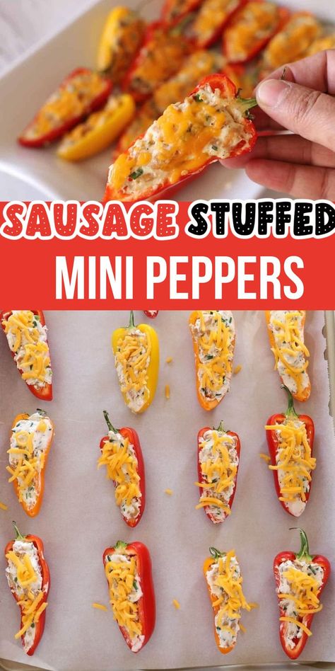 Stuffed Mini Sweet Peppers Cream Cheese Sausage, Stuffed Peppers Mini, Appetizer Recipes Picnic, Stuffed Mini Pepper Appetizers, Stuffed Mini Sweet Peppers Cream Cheese, Sausage Stuffed Mini Sweet Peppers, Red Sweet Pepper Recipe, Keto Stuffed Mini Sweet Peppers, Sweet Bell Pepper Recipes Mini