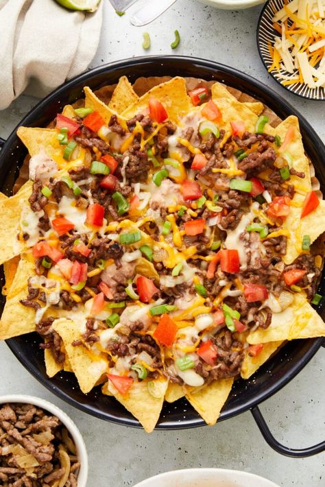 Beef Nachos - Baked Bree Oven Baked Nachos Beef, Ground Beef Nachos, Beef Nachos, Tomato Snacks, Baked Nachos, Nachos Supreme, Fresh Tortillas, Chicken Appetizers, Nachos Beef