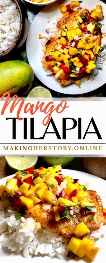 Mango Tilapia, Tilapia With Rice, Food Recipes For Dinner Families, Mango Fish, Tilapia Dinner, Tilapia Recipes Easy, Baked Tilapia Recipes, Food Recipes For Dinner, White Rice Recipes