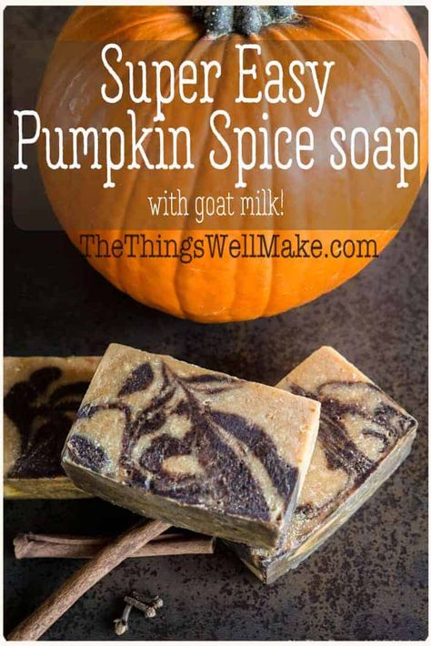 Impressive looking, but simple enough for beginners, this super-easy pumpkin spice soap combines pumpkin puree and goat's milk with fall spices, making a soap that is nourishing and wonderfully fragrant. It would make a perfect autumn gift. #thethingswellmake #homemadesoap #pumpkinspice #pumpkinsoap #soapmaking Goat Milk Soap Recipe, Milk Soap Recipe, Pumpkin Spice Soap, Goat Milk Recipes, Pumpkin Soap, Easy Soap Recipes, Fall Soaps, Cold Process Soap Recipes, Handmade Soap Recipes