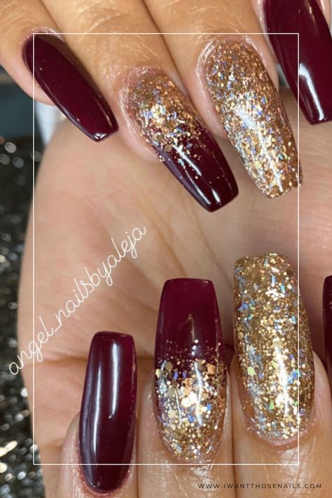 Burgundy and Gold Glitter Nails Garnet Nails Designs, Gold And Wine Nails, Maroon And Gold Nails Design, Gold And Burgundy Nails, Dark Burgundy Nails Designs, Red Gold Ombre Nails, Burgundy And Gold Nails Acrylic, Burgundy Nails With Glitter, Red And Gold Nails Ideas