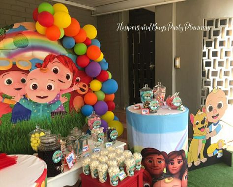 Themed Plinths and Large photos props. Cocomelon Candy Table, Birthday Party Paper Decorations, Baby Birthday Party Theme, Boys 1st Birthday Cake, Coco Melon, 2nd Birthday Party For Boys, 2nd Birthday Party For Girl, Cocomelon Birthday, Baby Boy 1st Birthday Party