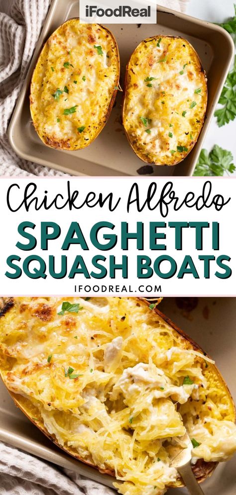 These Chicken Alfredo Spaghetti Squash Boats are a delicious low carb dinner that’s easy to make for any night of the week! They’re gluten-free and filled with rich and creamy flavor. It’s a great low carb comfort food! Try it today and I can promise you that you’ll love this spaghetti squash. Chicken Alfredo Stuffed Spaghetti Squash, Spaghetti Squash Alfredo Chicken, Cajun Chicken Spaghetti Squash, Chicken Parm Stuffed Spaghetti Squash, Creamy Chicken Spaghetti Squash, What To Eat With Spaghetti Squash, Chicken Parmesan Spaghetti Squash, Salmon Spaghetti Squash, Boursin Spaghetti Squash