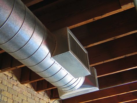 exposed hvac Spiral Duct Exposed, Creepy Basement, Exposed Ductwork, Ductwork Installation, Hvac Ductwork, Vaulted Ceiling Lighting, Ceiling Interior, Hvac Design, Old Basement