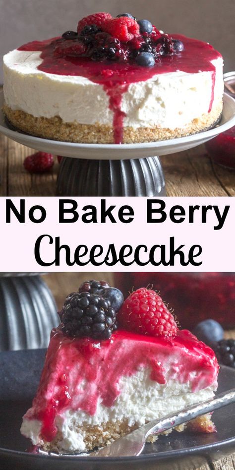 No Bake Mixed Berry Cheesecake, this cheesecake recipe is the best it will become your favourite no bake dessert. Fast and easy, creamy and so delicious with an easy raspberry and Blueberry topping. #cheesecake #nobakecheesecake #nobakedessert #berryfilling #summerdessert #dessert Mix Berry Cheesecake, Fruit No Bake Cheesecake, Mixed Berry Cheesecake Recipes, Summer Berry And Peach Cheesecake, July 4th Cheesecake, Berry No Bake Cheesecake, Lemon Berry Cheesecake, Triple Berry Cheesecake, Mixed Berry Cheesecake