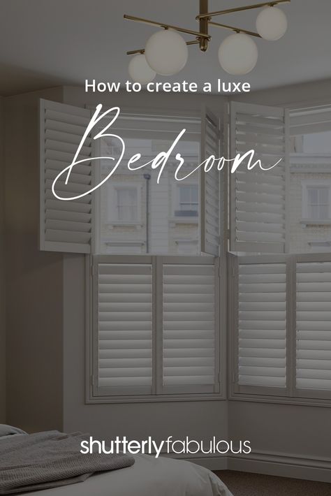 Looking to create a luxury bedroom space? Bring timeless elegance into your home decor with our bespoke window plantation shutters. Bay Windows Ideas, Shutters Bedroom, Bedroom Shutters, White Shutters, Sleep Book, Luxe Bedroom, Window Treatments Bedroom, Bedroom Window, Luxurious Bedroom