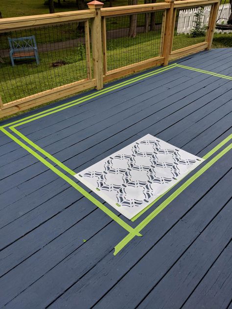 Stenciled Deck, Painting A Deck, Painted Rugs On Porches, Wood Deck Colors Ideas Paint, Painted Porch Rug, Painted Carpet On Deck, Painted Outdoor Rug, Painted Deck Ideas, Painted Rugs On Concrete