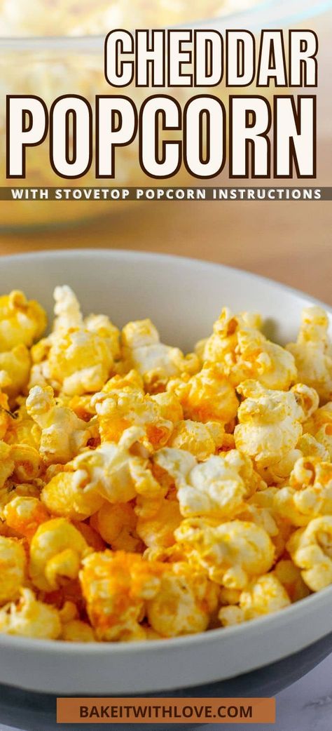 This cheddar popcorn is a quick and easy snack that is loaded with rich, cheesy flavor for the whole family! Simply prepare the popcorn (or use pre-popped popcorn), add some butter, and then toss it in powdered cheese! Enjoy it on your next movie night or just because! BakeItWithLove.com Cheddar Popcorn Recipe, Cheese Popcorn Recipe, Popcorn Recipes Cheese, Popcorn Recipes Savory, Popcorn Flavours, Cheesy Popcorn, Popcorn Seasoning Recipes, Popcorn Recipes Easy, Savory Popcorn