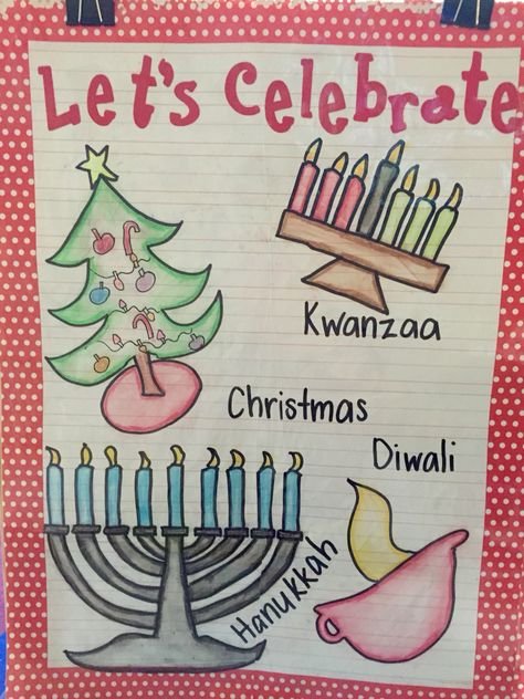 My December holidays anchor chart for kindergarten. Christmas Anchor Charts Kindergarten, Winter Anchor Chart Preschool, Christmas Anchor Charts Preschool, Winter Anchor Chart, Holiday Anchor Chart, Christmas Anchor Charts, Anchor Chart For Kindergarten, Kwanzaa Preschool, Christmas Crafts Around The World