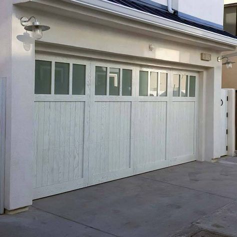 Garage Doors Transitional Style, Beach Garage Door, Garage Door Styles Craftsman, Craftsman Garage Door Ideas, Garage Door Conversion, Folding Garage Doors, Garage Door Ideas, Craftsman Window, White Garage Doors