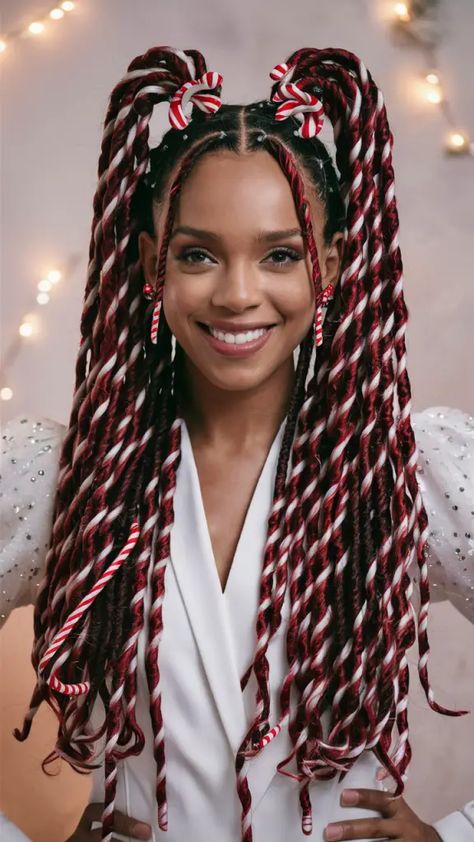 34 Christmas Hairstyles for Black Women – Fun, Easy, and Festive Holiday Hair Ideas Christmas Updo, Holiday Hair Ideas, Christmas Hairstyles For Black Women, Candy Cane Hair, Hair Competition, Whoville Hair, Marley Twists, Holiday Hair, Cosmetology School