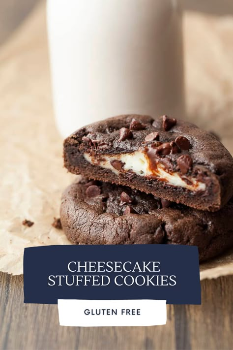 Chocolate Cheesecake Cookies Recipes, Gluten Free Cheesecake Cookies, Cheesecake Filling Cookies, Gluten Free Stuffed Cookies, Gluten Free Crumbl Cookies, Cream Cheese Filling For Cookies, Cream Cheese Filled Cookies, Chocolate Cream Cheese Cookies, Cheesecake Filled Chocolate Chip Cookies