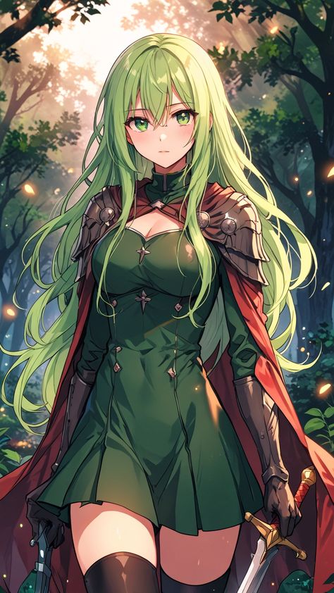 Anime Oc Female Green Hair, Green Hair Fantasy Art, Green Hair Anime Female, Anime Female Green Hair, Green Hair Female, Green Anime Characters, Green Hair Anime Woman, Anime Elf Woman, Anime Female Oc Character Design