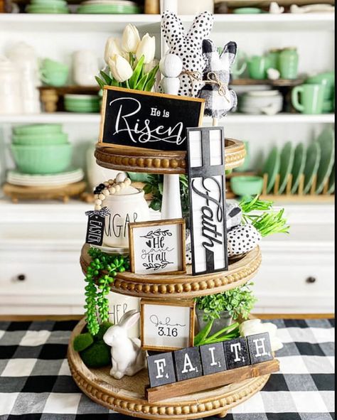 17 Christian Easter Decor Ideas for a Faith-Filled Home in 2023 Easter Porch Decor, Easter Table Centerpieces, Christ Centered Easter, Easter Tiered Tray, Tiered Tray Diy, Easter Religious, Wooden Bead Garland, Small Kitchens, Easter Decorations Christian