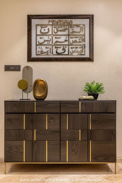 The Geometric Adobe - Apartment Interiors | Komal Sachdev Designer + Planner - The Architects Diary Lobby Cabinet Design, Low Height Cabinet Design, Side Unit Design, Foyer Cabinet Design, Low Height Cabinet, Shoe Storage Ideas Diy, Low Height Storage, Modern Shoe Storage, Entryway Shoe Storage Ideas