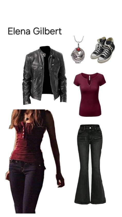 red hensley top, black boot cut jeans,picture of elena gilbert outfit,black leather jacket,a necklace, and some old black converse Elena Gilbert Outfit, Elena Gilbert Aesthetic, Elena Gilbert Style, Gilbert Aesthetic, Vampire Diaries Outfits, Fashion Capsule Wardrobe, Downtown Outfits, 2000s Fashion Outfits, Fashion Capsule