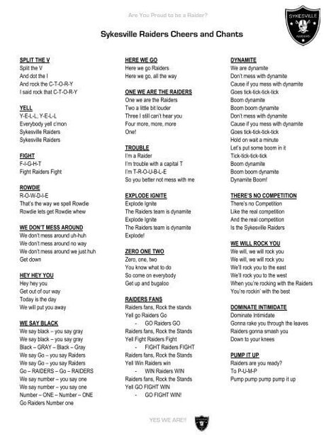 Sykesville Raiders Cheers and Chants Flag Football Cheerleading, Flag Football Cheers, Cheerleading Cheers Words, Baseball Cheers And Chants, Sideline Football Cheers, Side Line Cheer Chants, Cheerleading Chants Football, Sideline Cheer Chants Football, Class Cheers And Chants