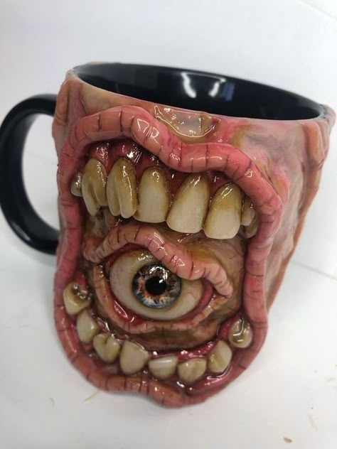 Monster Mugs, Monster Mug, Clay Monster, Horror Crafts, Ceramic Monsters, Clay Monsters, Pencil Holders, Sculpture Art Clay, Clay Mugs