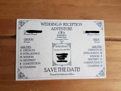 D&D inspired wedding announcement cards Nerdy Save The Date, Dnd Inspired Wedding, Dnd Wedding Theme, Dnd Wedding Ideas, Fairy Tail Wedding Theme, Dnd Wedding, Fantasy Lifestyle, Lego Wedding, Fairy Tail Wedding