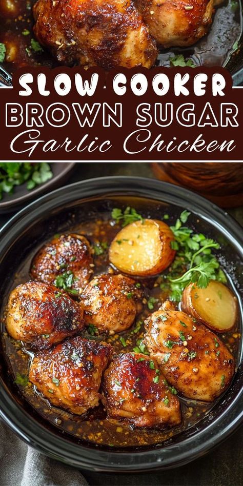 🧄 Sweet and Savory Crockpot Chicken – This garlic chicken with brown sugar glaze is so good, you’ll want seconds! Perfectly cooked in a slow cooker for an easy meal. #DinnerRecipes #SweetAndSavory #ChickenRecipe Chicken Thighs Slow Cooker Recipes, Brown Sugar Garlic Chicken, Garlic Brown Sugar Chicken, Crockpot Chicken Thighs, Slow Cooker Chicken Thighs, Garlic Chicken Recipe, Steamed Veggies, Chicken Thighs Recipes, Chicken Crockpot Recipes Easy