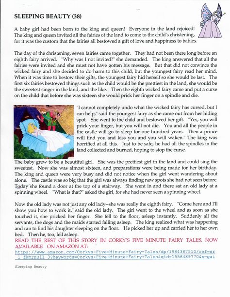 First part of the story of Sleeping Beauty as told by Patricia Shook in the book:  Corky's Five Minute Fairy Tales now available on Amazon. https://www.amazon.com/Corkys-Five-Minute-Fairy-Tales/dp/1984387510/ref=sr_1_fkmrnull_3?keywords=Corkys+Five+Minute+Fairy+Tales&qid=1556489770&s=gateway&sr=8-3-fkmrnull Sleeping Beauty Story, Stories With Moral Lessons, Moral Stories, Fairy Land, Short Stories, Christening, Sleeping Beauty, Fairy Tales, The Story