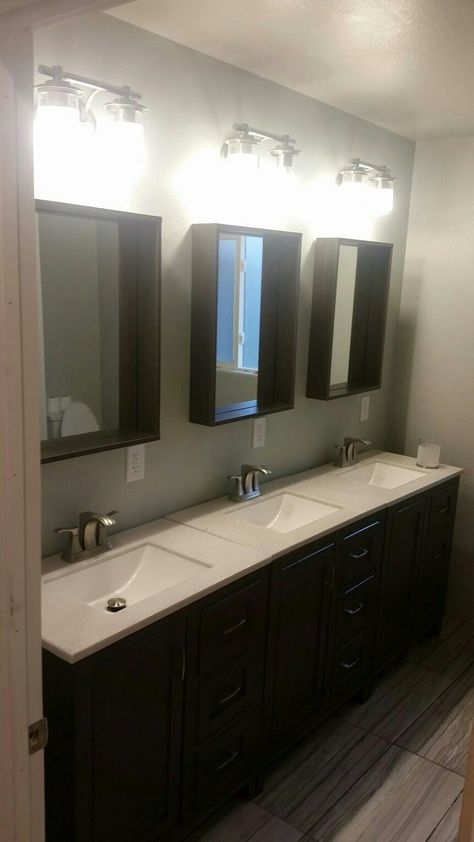 3 sink vanity for my 3 little girls! Twin Sink Bathroom Double Vanity, 3 Sink Vanity, Triple Vanity Bathroom, 3 Sink Bathroom, Duel Sink Bathroom Ideas, Kids Bathroom Double Sinks Mirror, Double Faucet Trough Sink Vanity, Girls Shared Bathroom, Barhroom Vanity + Double Mirrors