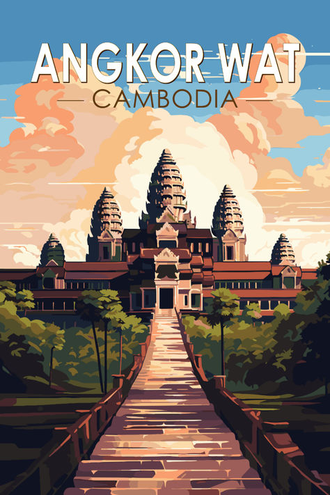 Retro style poster of Angkor Wat in Cambodia, featuring classic vintage design elements and rich colors to highlight the temple's historic beauty. Khmer Vintage Poster, Retro Vintage Poster, Retro Illustration Poster, Vintage Posters Art Retro, Pic Song, Sea Scrapbook, Vintage Posters Retro, Cambodia Art, Country Poster